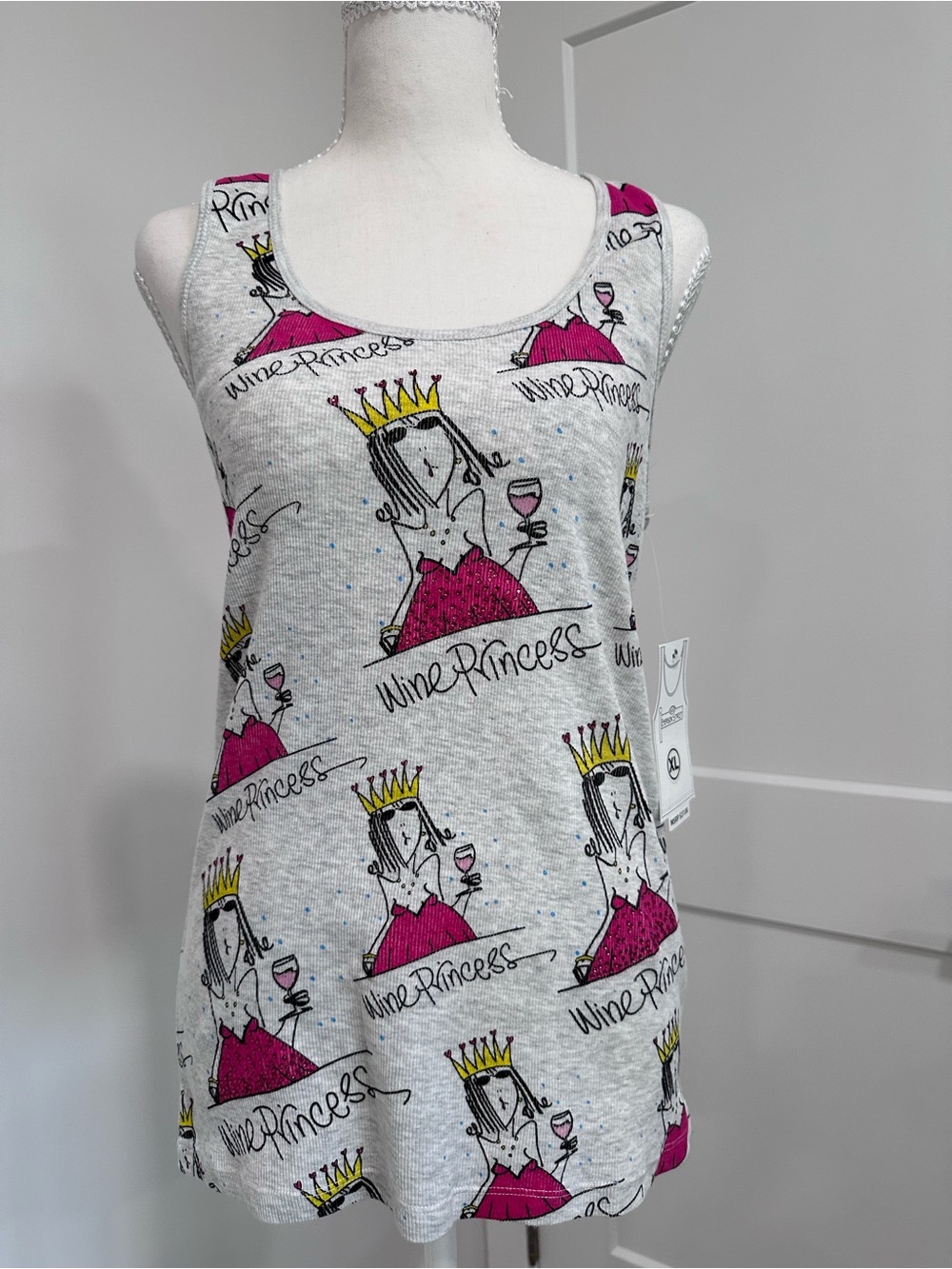 Emerson Street Wine Princess Graphic Tank Top XL - Pink & Yellow on Heather Gray